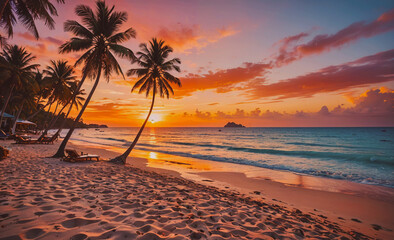 Fototapete - A beautiful beach with palm trees and a sunset in the background. The sky is filled with clouds and the sun is setting