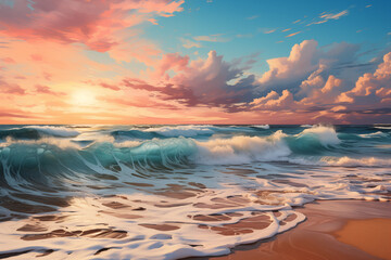 Wall Mural - A serene beach scene at sunset, with pastel-colored clouds in the sky and gentle waves lapping against the sandy beaches.