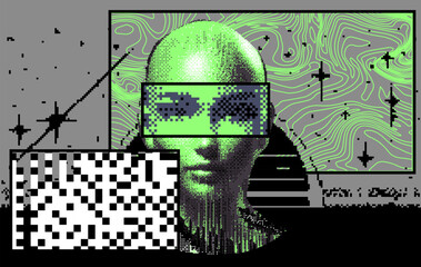Aufkleber - Retrofuturistic pixel art collage with different textures and glitched human face parts. Conceptual vector illustration of the Artificial Intelligence and Future Technology.