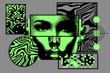 Aufkleber - Retrofuturistic pixel art collage with different textures and glitched human face parts. Conceptual vector illustration of the Artificial Intelligence and Future Technology.