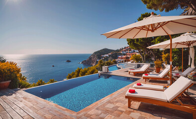 Fototapete - A pool with a white umbrella and a view of the ocean. The pool is surrounded by lounge chairs and umbrellas