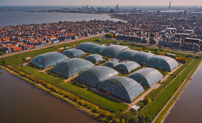 Poster - A large city with a large green area in the middle. The green area is surrounded by buildings and has a large dome structure in the middle