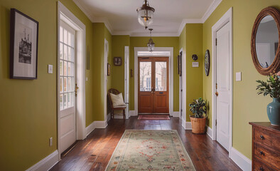 Poster - A hallway with a green wall and a white door. A potted plant is in the hallway