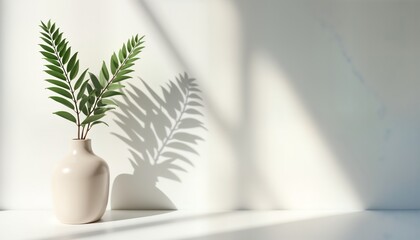 Poster - Minimalist indoor scene displays light beige vase with fresh green plant leaves. Natural sunlight casts shadows on white background. Modern design for branding presentation. Empty space evokes