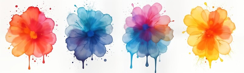 Aufkleber - Four vibrant colorful watercolor stains form flower shapes on white background. Abstract floral design created with drips, splashes. Hand-made artistic illustration. Ideal for prints, decor,
