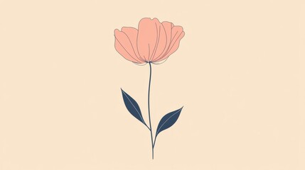 Poster - Beautiful pink flower illustration with green leaves on a soft beige background. Generative AI