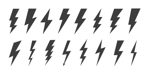 Wall Mural - Lightning bolt icons on white background. Black flash symbol, thunderbolt. Simple lightning strike sign. JPG image