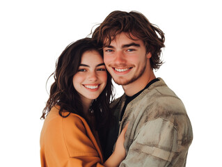 Happy young couple hugging and smiling together isolated on transparent background