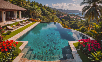 Fototapete - Large pool with a beautiful garden surrounding it. The pool is surrounded by a stone walkway and has a waterfall. The garden is filled with colorful flowers and plants. The pool is located on a hill