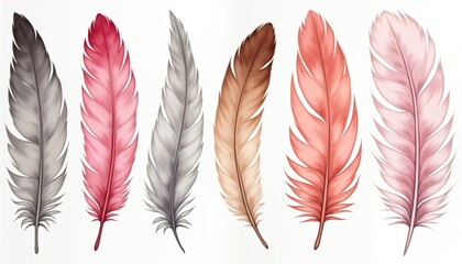 Aufkleber - Colorful bird feathers set. Various shades of pink grey, brown. Watercolor style. Elegant, delicate design. Suitable for prints, cards, fashion accessories. Beautiful illustration. Cute, vibrant