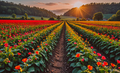 Poster - Field of flowers with a sun shining on them. The sun is in the background and the flowers are in the foreground