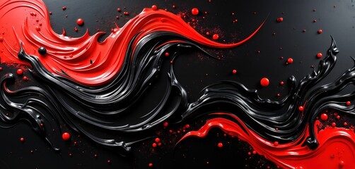 Poster - Abstract art piece. Red, black paint splatters create dynamic pattern. Fluid motion suggests energy, dynamism. Dark background enhances contrasting colours. Artistic textured effect with red, black