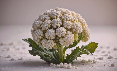 Wall Mural - White cauliflower is sitting on a white surface. The cauliflower is surrounded by a pile of white powder