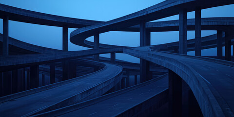 A maze of highways in a big city. Empty high-speed roads intertwine in different directions, multi-level road interchange
