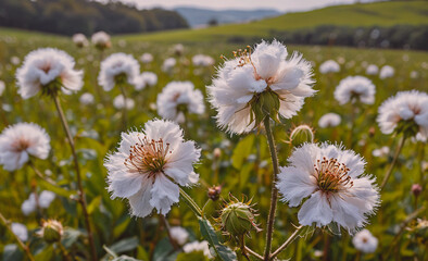 Poster - Field of white flowers with green leaves. The flowers are in full bloom and are scattered throughout the field. The scene is peaceful and serene, with the sun shining down on the flowers and the grass