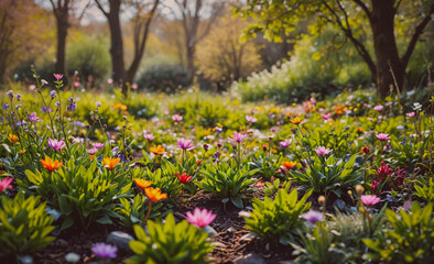 Poster - Field of flowers with a bright, sunny day. The flowers are in full bloom and the grass is lush and green. The scene is peaceful and serene, with the sun shining down on the flowers and the trees