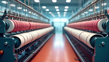 Aufkleber - Textile production machinery in factory. Automated assembly line. Red, white threads on rollers. Modern industrial tech. Weaving loom. Textile manufacturing process. Factory interior. Industrial