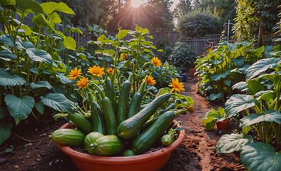 Wall Mural - Garden with a variety of plants and vegetables, including cucumbers and squash. The sun is shining brightly, creating a warm and inviting atmosphere