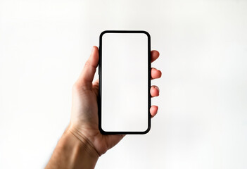 Leinwandbilder - Hand holds smartphone against white background. Blank screen shows potential for app interface design. Modern tech device in hand. Simple mockup for design presentations. Versatile display. Ideal for