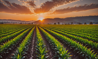 Poster - Field of corn is shown with the sun setting in the background. The sun is shining brightly on the corn, making it look like it's glowing. The sky is filled with clouds, giving the scene a peaceful and