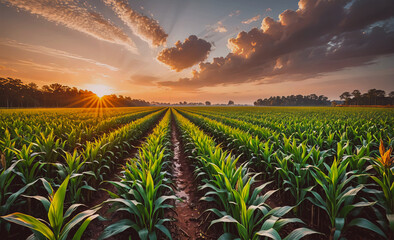 Poster - Field of corn is shown in the foreground with a beautiful sunset in the background. The sun is shining brightly on the corn, making it look like it's glowing. The sky is filled with clouds, creating a