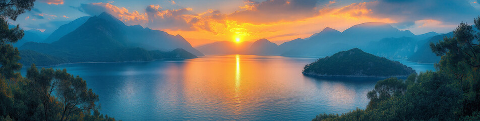 Wall Mural - Panoramic view of the sea, with mountains in the background, a sunset sky featuring blue and orange colors, green trees on the islands, and a golden light illuminating the bright sky.