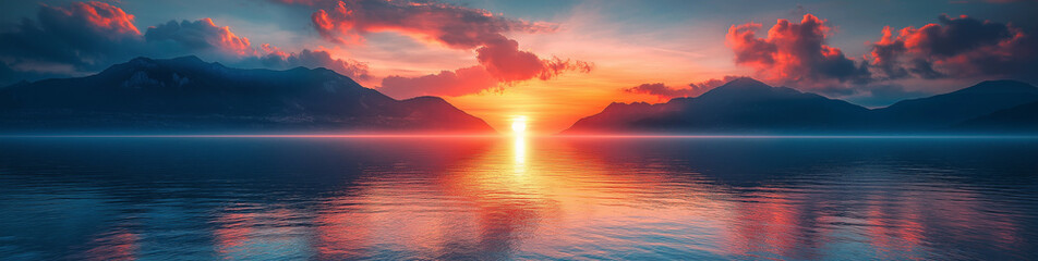 Wall Mural - A panoramic view of the sun setting over calm waters, with mountains in the background and vibrant colors reflecting on the water's surface. 8K resolution, HDR