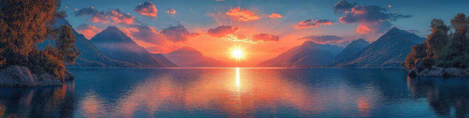 Wall Mural - A panoramic view of the sun setting over calm waters, with mountains in the background and vibrant colors reflecting on the water's surface. 8K resolution, HDR