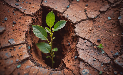 Poster - Small green plant is growing out of a hole in the ground. The hole is surrounded by dirt and rocks, and the plant is the only sign of life in the area. Concept of resilience and hope