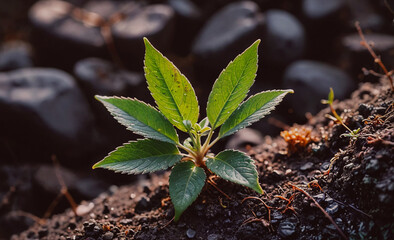 Poster - Small green plant is growing in the dirt. The plant is surrounded by rocks and he is thriving in the rocky environment