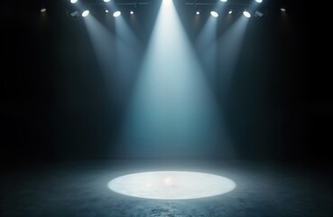 Aufkleber - Empty stage with bright spotlight. Dark background lit with focused light source. Modern design elements create futuristic presentation space. Suitable for music concert product presentation visuals.