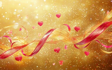 A shimmering golden background with swirling red and pink ribbons and glowing hearts for valentines day