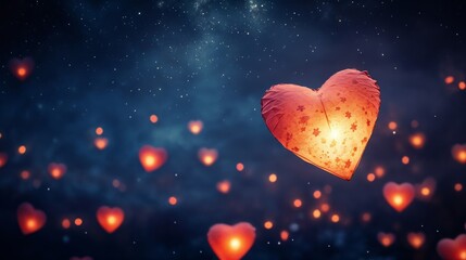 Wall Mural - Valentine's Day heart-shaped lanterns floating in night sky.Romantic Valentine's Day night decor with glowing heart lanterns.Love, hope, magic. Heart-shaped lanterns glowing in the night sky for Val

