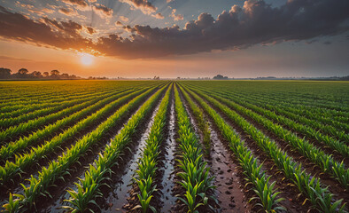 Poster - Field of corn is shown with a cloudy sky in the background. The sun is setting, casting a warm glow over the field