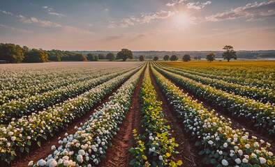 Poster - Field of white flowers with a bright sun in the background. The sun is shining brightly on the field, making the flowers look even more vibrant. The scene is peaceful and serene, with the sun casting