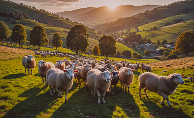 Poster - Herd of sheep are grazing in a field. The sheep are spread out across the field, with some standing closer to the foreground and others further back. The sun is shining brightly, casting a warm glow