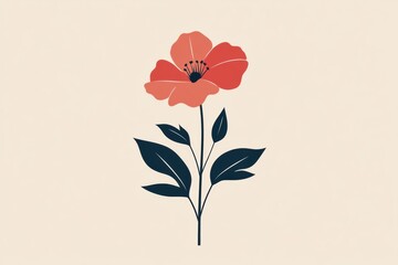 Poster - Stylized red flower with green leaves on a light background showcasing simple botanical art design. Generative AI