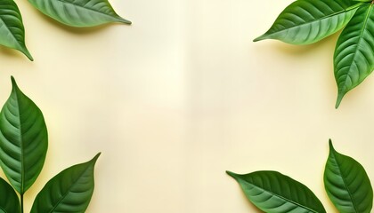 Poster - Fresh green leaves arranged on soft pastel background. Natural, eco-friendly design. Botanical, nature-inspired image. Perfect for eco-products design. Minimalist, serene aesthetic. Image ideal for