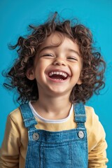 Wall Mural - Boy with brown hair in yellow clothing on a blue background