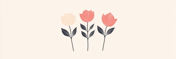 Fototapete - Three elegant flowers in soft colors showcasing natures beauty and delicate design. Generative AI