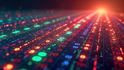 Poster - Colorful abstract digital numbers stream forward. Colorful lines of data flow. Futuristic tech background. Dynamic display concept. Intense data flow illustrates artificial intelligence information