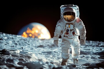 Wall Mural - astronaut on moon's surface with lunar module in background, great for space-related projects and th