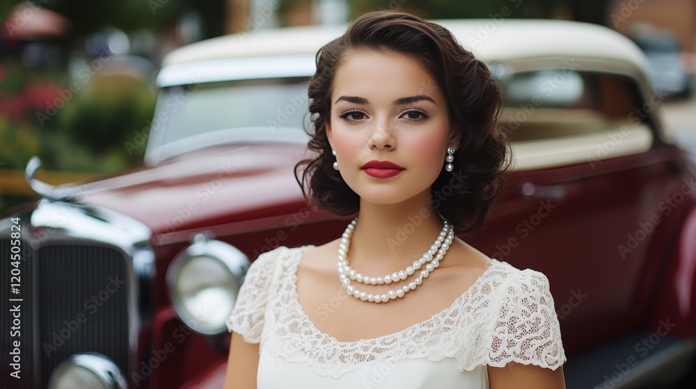 Elegant woman in a vintage scene; her classic attire and pearl necklace ...