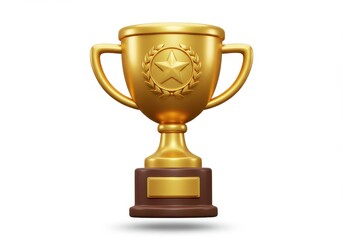 a 3d illustration of a golden trophy with a star emblem in the center featuring a brown base with a 
