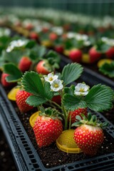 Canvas Print - A basket of fresh strawberries arranged in a tray, perfect for serving or photography