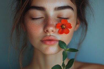 Wall Mural - A woman wears a flower on her nose