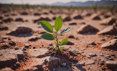 Poster - Small green plant is growing in the desert. The plant is surrounded by rocks and dirt, and it is the only sign of life in the barren landscape. Concept of resilience and hope