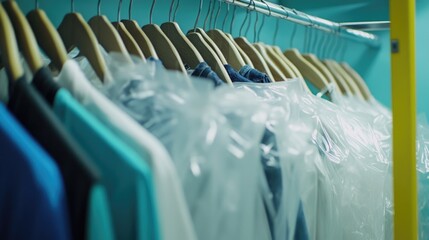 A collection of clothes hanging from a rack, suitable for fashion or lifestyle shots