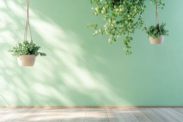 A cozy room with a green wall featuring two hanging planters