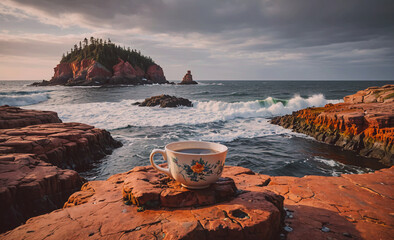 Poster - Cup of coffee is sitting on a rock near the ocean. The scene is serene and peaceful, with the waves crashing in the background. The cup of coffee is the only object in the image